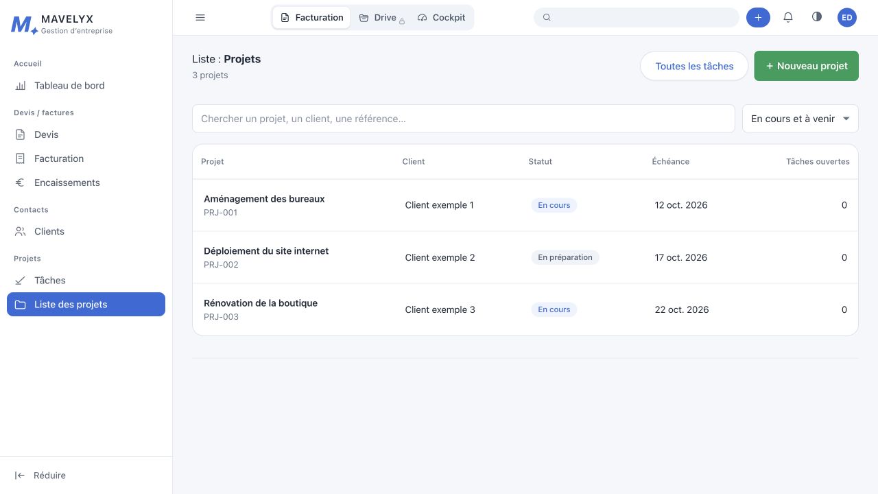 Écran Projets Mavelyx avec les statuts et les échéances de missions fictives